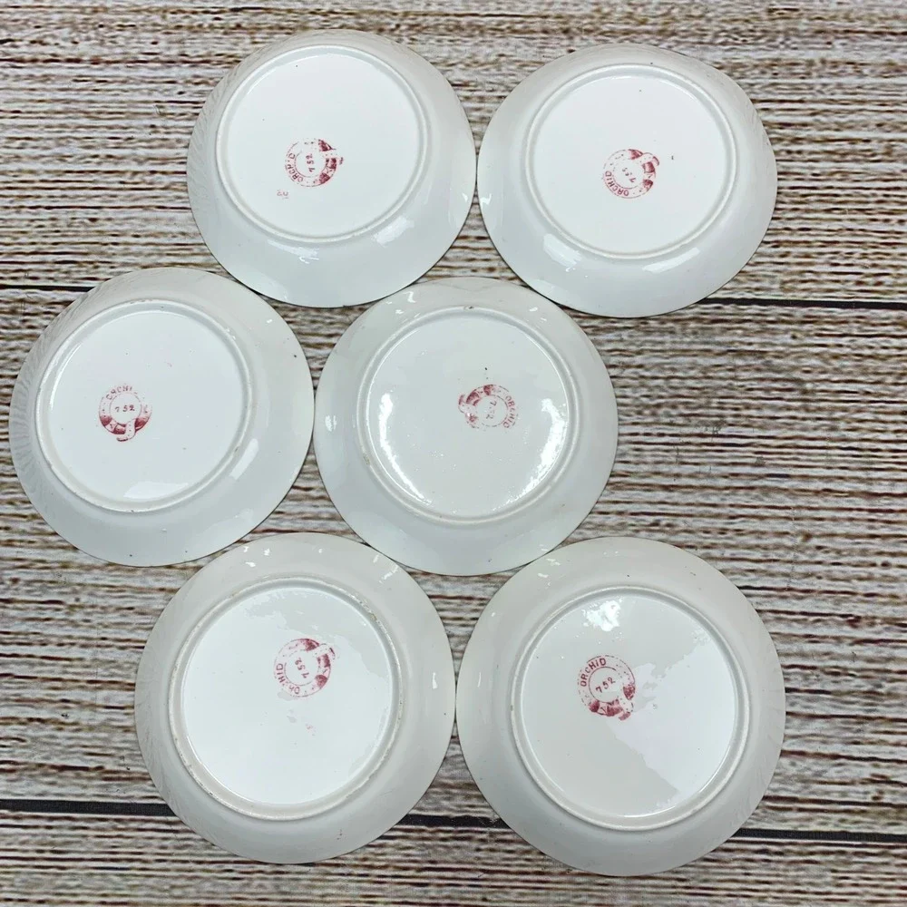 Antique Red Floral‎ Tea Cups and Saucers Set of 4 Orchid China Vintage